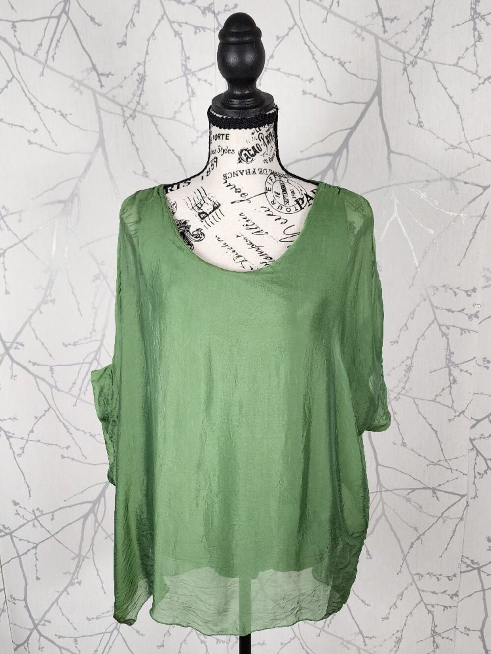 Italian Made Green Silk Chiffon Overlay Batwing Boxy Top